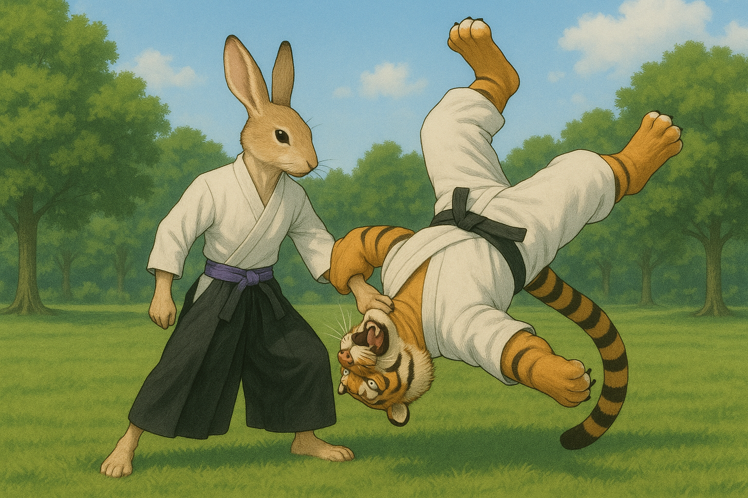 兎の八光流柔術師範が虎の弟子を投げ飛ばしているイラスト