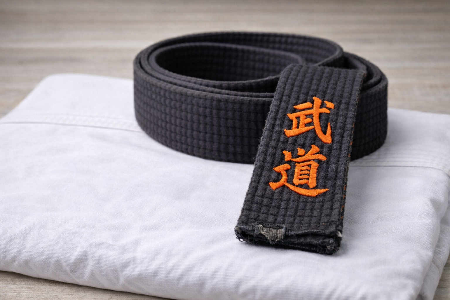 畳んだ白い道着の上に載せた黒帯