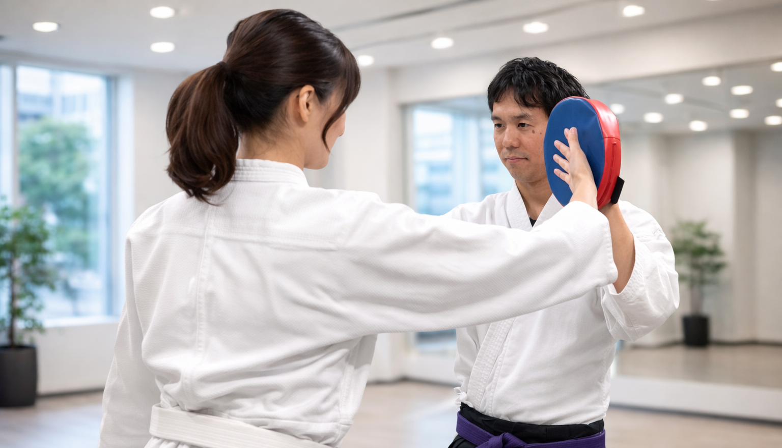 八光流柔術の当身の稽古を行う二人