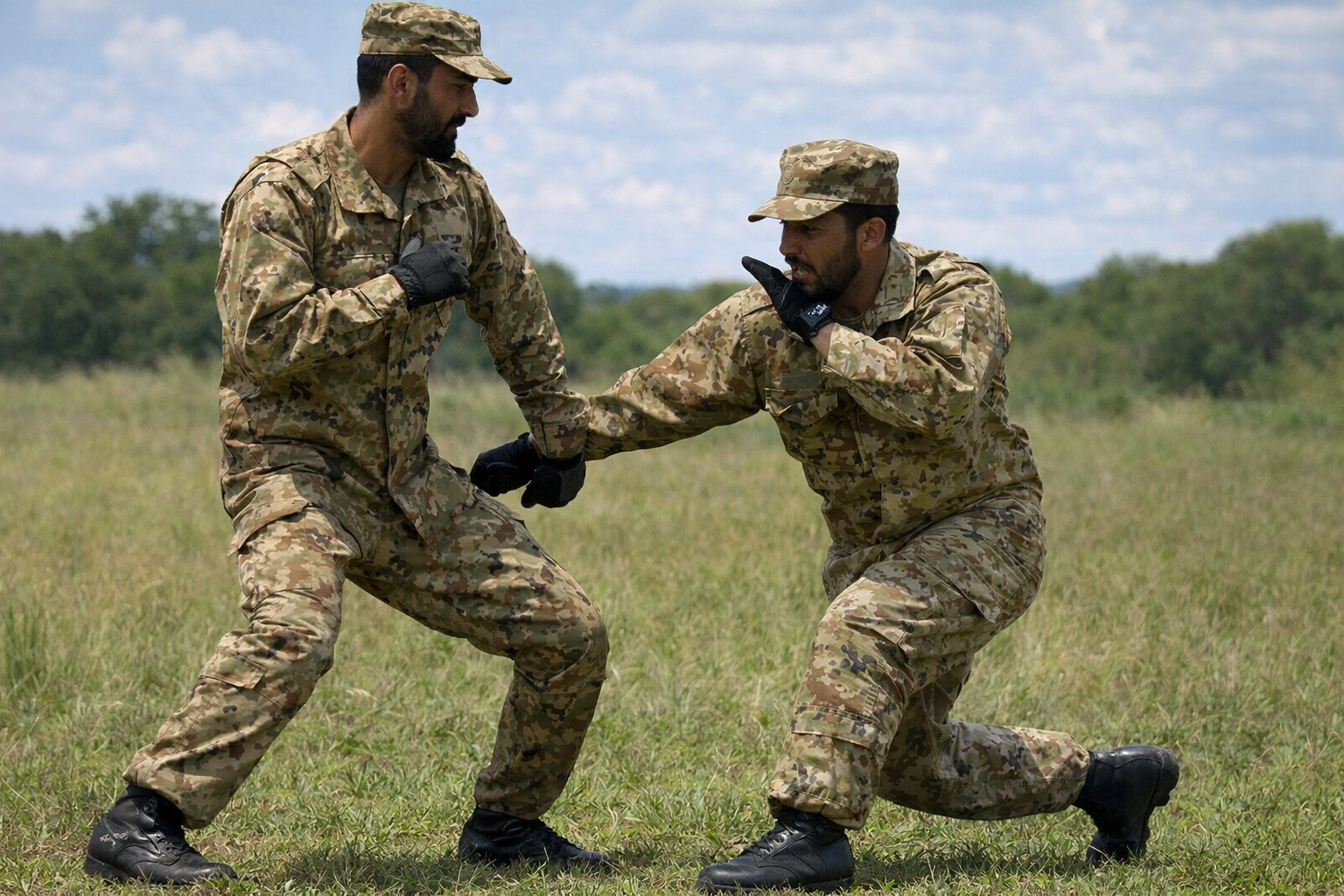 軍隊格闘術で中段突きを捌いている様子