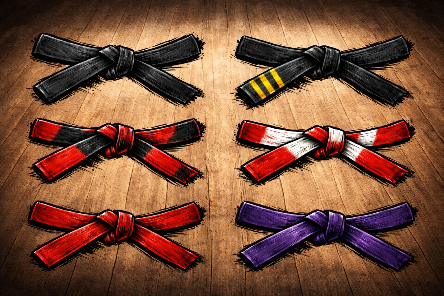 黒帯、金線入りの黒帯、赤黒帯、赤白帯、赤帯、紫帯を並べたイラスト