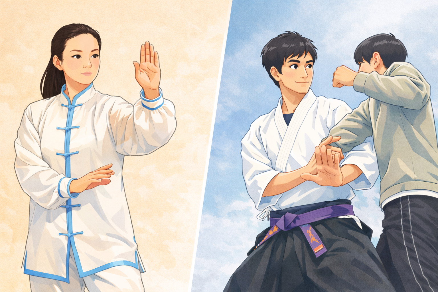 太極拳の女性と八光流柔術の男性を対比したイラスト