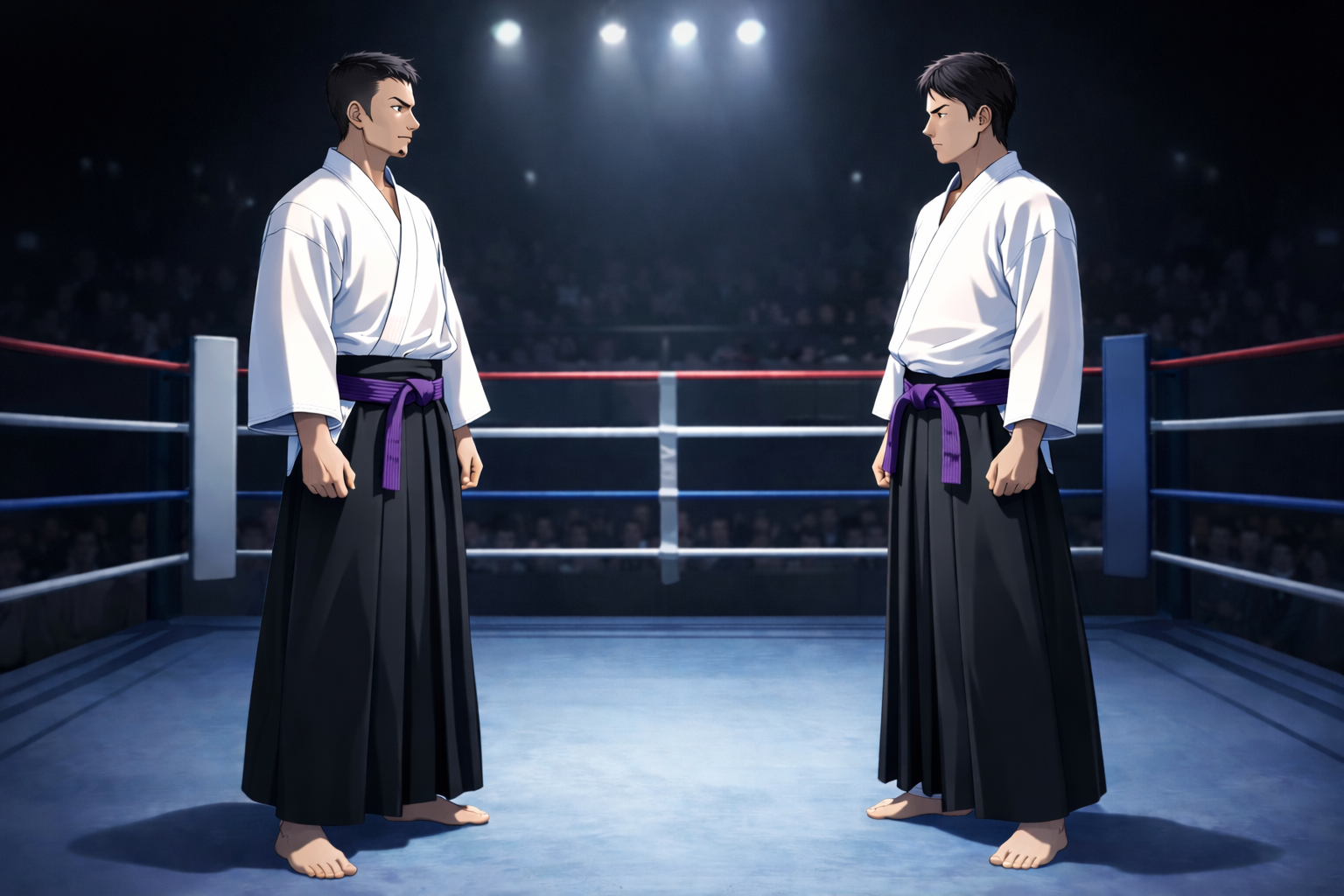 リング上で向かい合う二人の八光流柔術家のイラスト