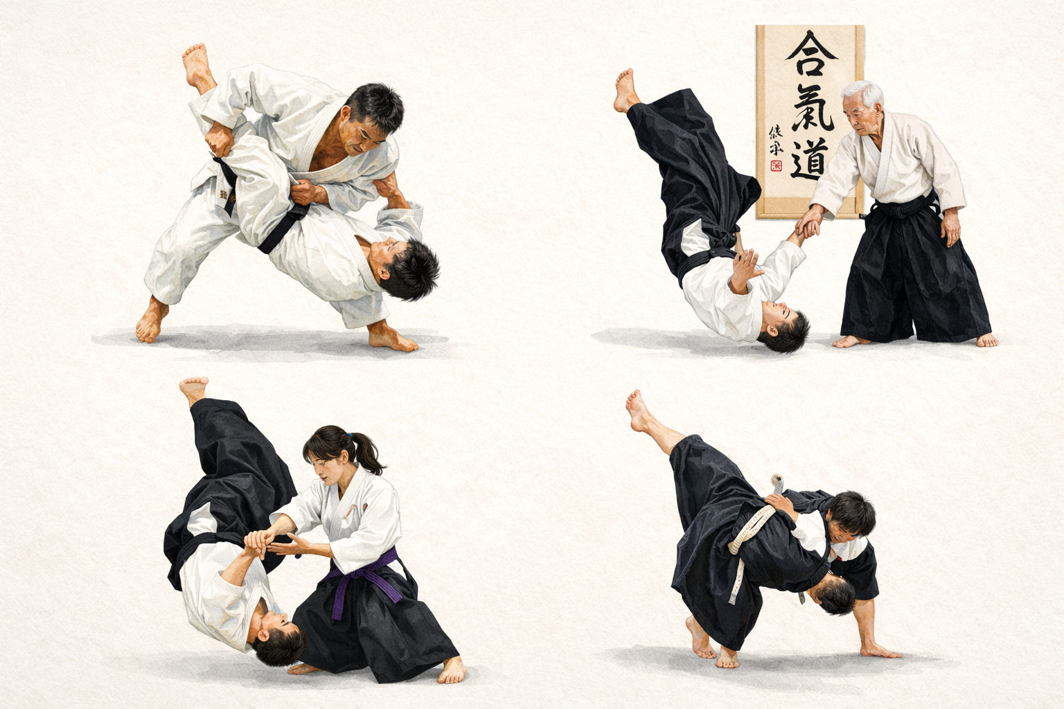 柔道、合気道、少林寺拳法、八光流柔術の受け身のイラスト