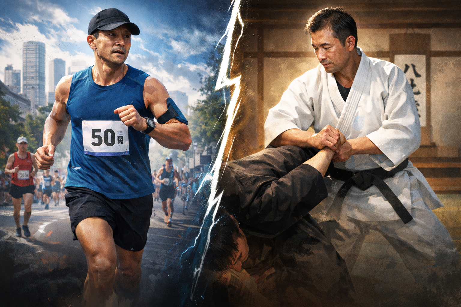 50代の市民マラソンのランナーと八光流柔術家を対比したイラスト