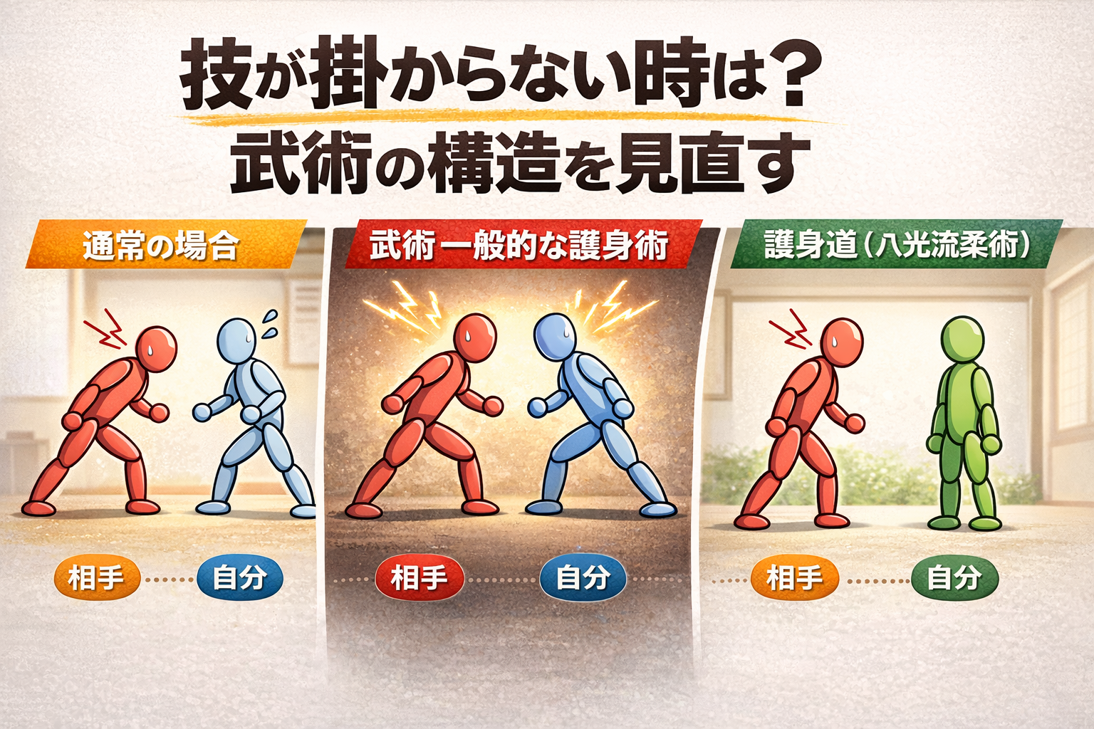 暴漢に対した通常場面と武術や護身術と八光流柔術の構造を図式化したアイキャッチ画像